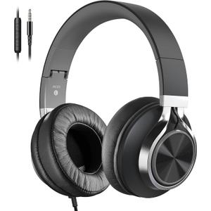 AC01 Headphones Wired Over Ear, Corded Stereo Headsets with Microphone Volume Control for Adults Teens Kids 3.5mm for Cellphones, Tablets, Laptop, Chromebook (Black Grey)