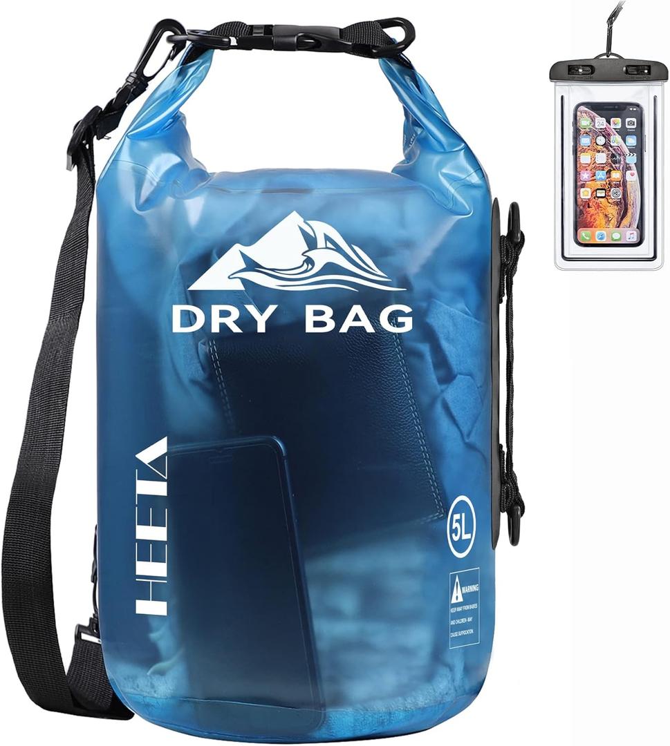 HEETA Dry Bag Waterproof for Women Men, Roll Top Lightweight Dry Storage Bag Backpack with Phone Case for Travel Swimming Boating Kayaking Paddle Board Camping Beach Accessories (Transparent Blue, 5L)