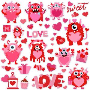 Cholemy 68 Pcs Valentine's Day Window Gel Clings Monster Thick Gel Clings Removable Reusable Pink Valentines Day Heart Monster Window Stickers for Glass Home Classroom Wedding Valentine Party Decor