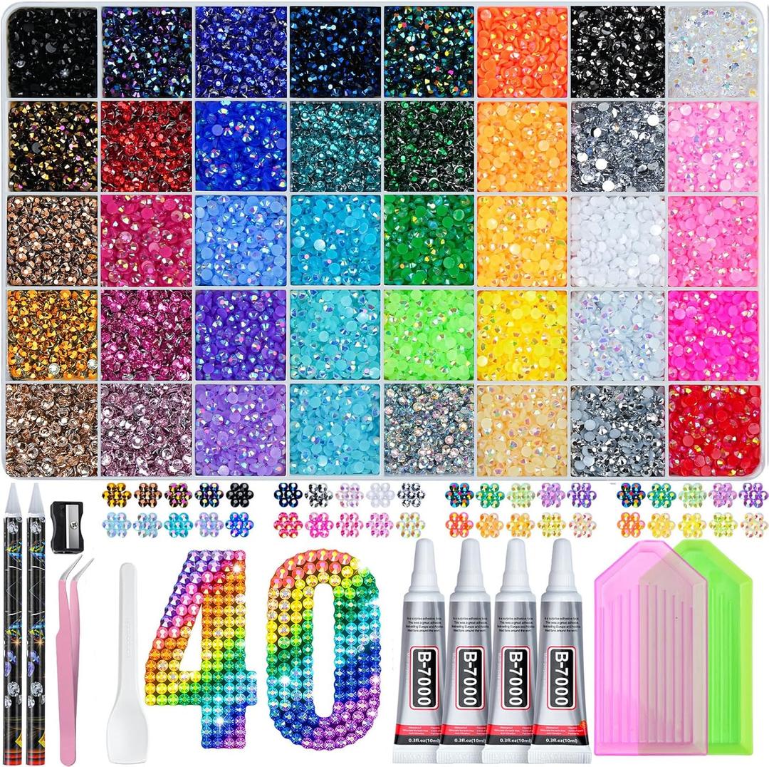 50000Pcs Bedazzling Kit with Rhinestones 3mm, 40 Colors Bedazzler Kit Resin Rhinestones Nail Gems & Glitter Gem Art Supplies, Diamond Art Kits Accessories with Pickup Pen, 4pcs 10ml B7000 Glue, SS10