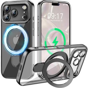 Magnetic for iPhone 17 Pro Max Case with Invisible Stand[Compatible with MagSafe][Full Camera Lens Protector][Military Drop Protection] Shockproof Not Yellowing Clear Slim Soft for Women Men (Black)