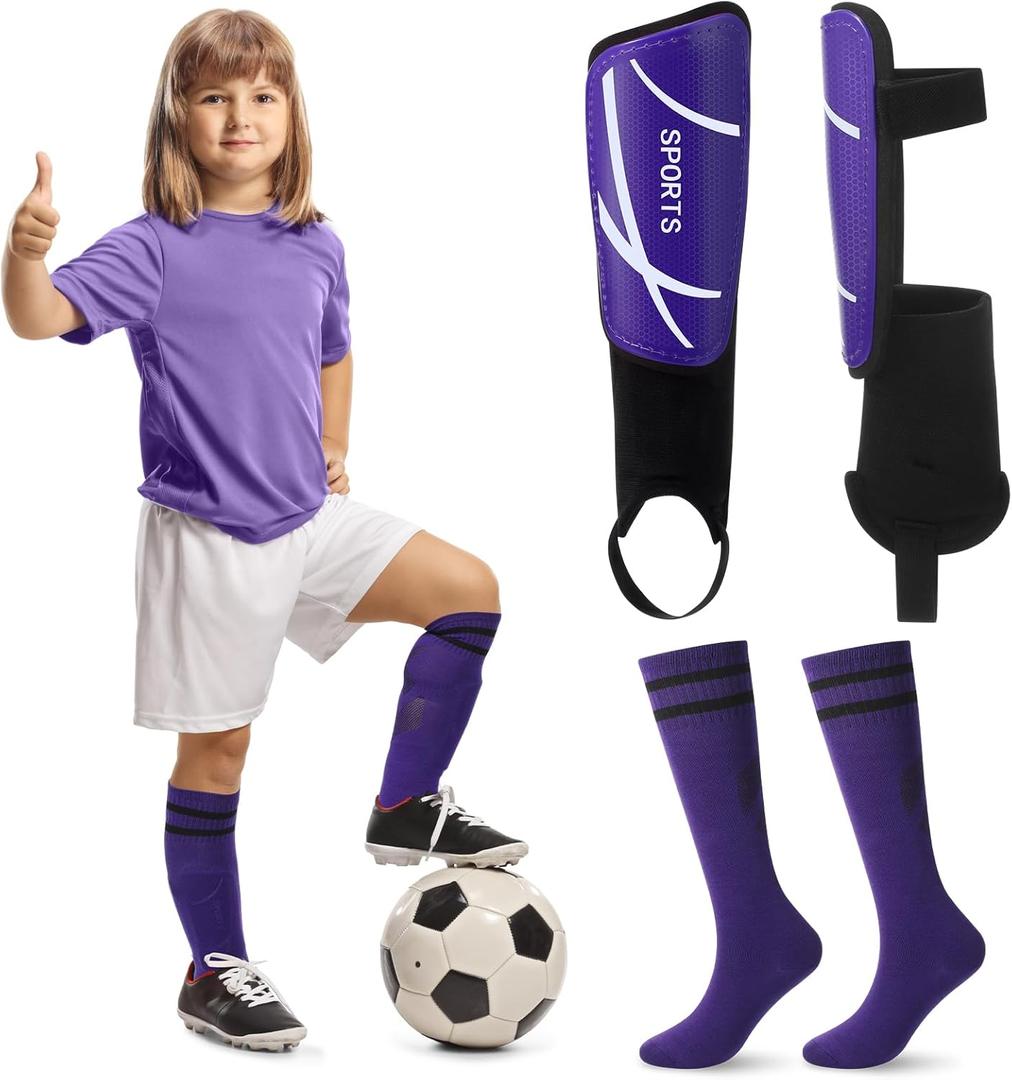 Soccer Shin Guards and Socks Kids Youth Lightweight Soccer Pads Defender with Ankle Protection Ski Shin Guards Football Equipment for Age 4-14 Toddler Boys Girls Teens (Small, Purple)