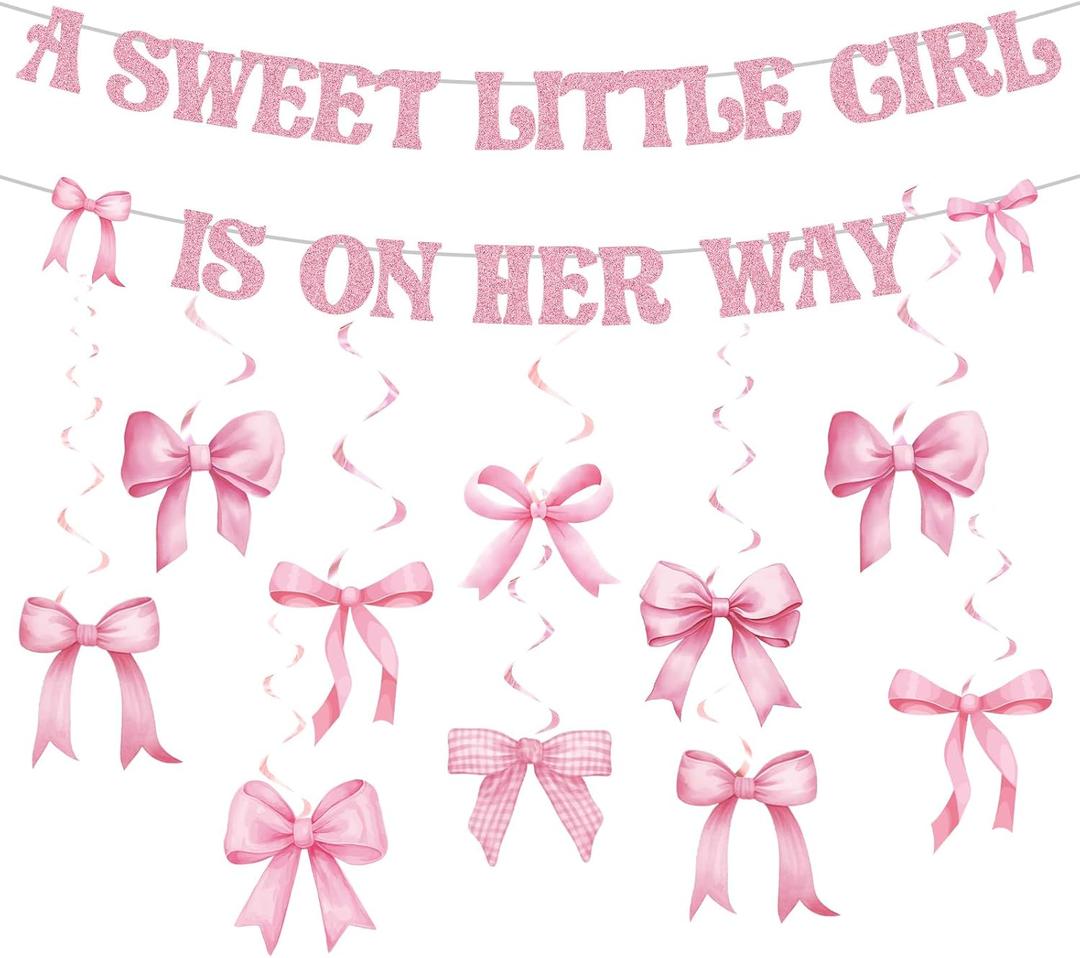 Pasimy Pink Baby Shower Decorations a Sweet Little Girl Is on Her Way Banner Pink Bow Swirls Coquette Baby Shower Decor for Birthday Gender Reveal Photo Props Sign Party Supplies