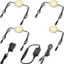 LED Bookcase Lights, Curio Under Cabinet Display Lighting, Daisy Chained Linkable Puck Light Strip, 120V Electric Plug in, Inline Touch Dimmer Black Cord, 4 Lights, Warm White 2700K
