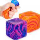 2 Pcs Stress Cube Bulk Swirl Ice Cube Stress Ball for Adults Anxiety Relief Soft Squeeze Sensory Square Ball for ADHD Prizes Goodie Bag Stuffers Party Favors(Purple, Orange)