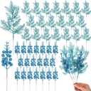 Cindeer 80 Pcs Aquamarine Christmas Glitter Berries Stems Pine Needles Christmas Artificial Picks Fake Floral Twig Spray for Xmas Tree Ornaments DIY Wreath Garland Decorations