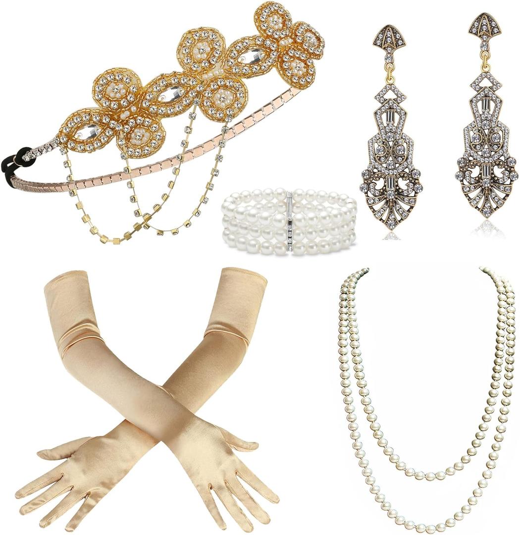 BABEYOND 1920s Flapper Accessories Gatsby Costume Accessories Set 20s Flapper Headband Pearl Necklace Gloves Plastic Holder (Gold)