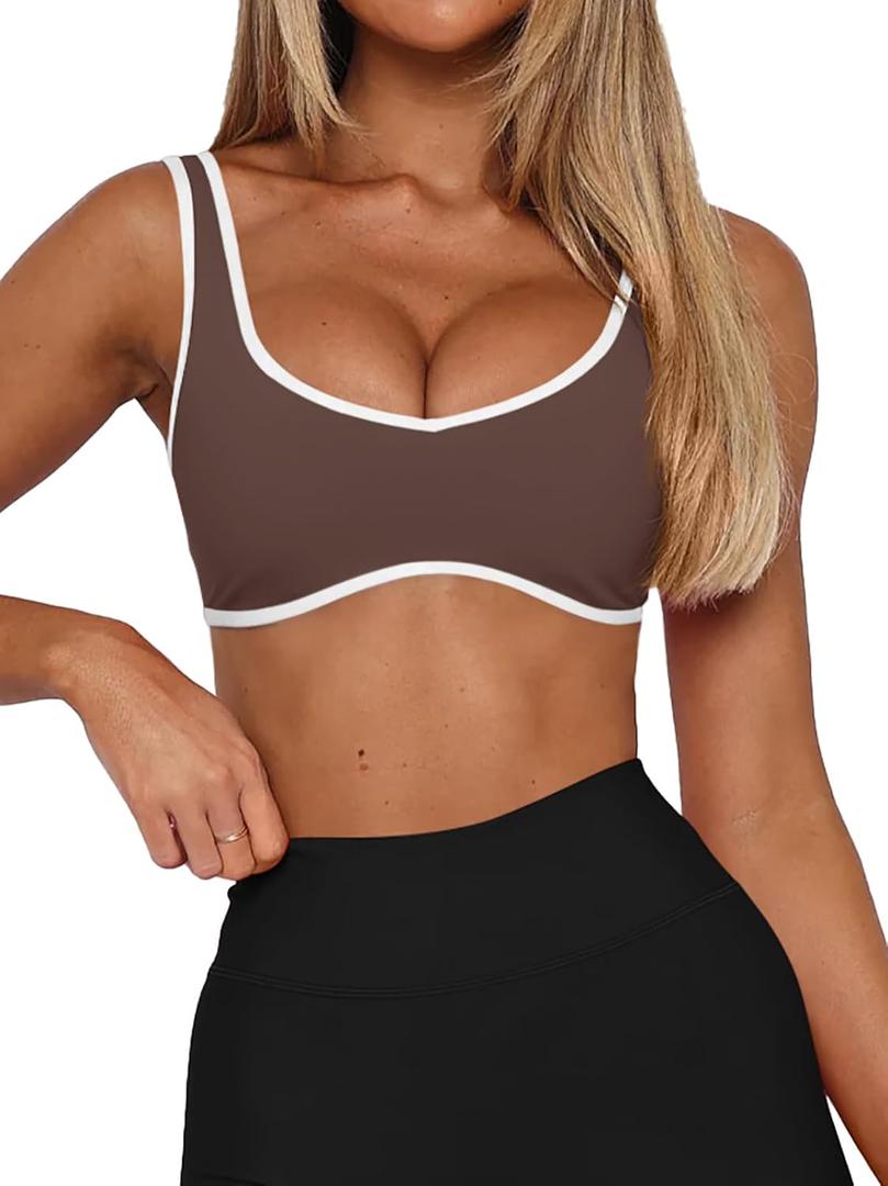 LASLULU Sexy Sports Bras for Women V Neck Sleeveless Padded Bra Workout Yoga Crop Top (Brown, XL)