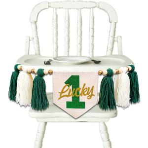 Lucky One 1st Birthday Tassel High chair Banner - St Patrick's Day Highchair Decoration, Shamrock First Birthday Party Sign, Clover Cake Smash Pennant (Green Tassel)