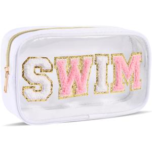 Swim Pouch Bag Clear Makeup Bags with Zipper Preppy Chenille Letter Patch Cosmetic Bag Beach Pool Zipper Pouch Summer Organizer Toiletry Bag for Women Girl Gifts