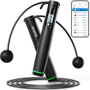 RENPHO Cordless Jump Rope, Weighted Jump Rope with Counter, Jump Ropes for Fitness, Smart Skipping Rope for Crossfit, Gym, Burn Calorie, APP Data Analysis, at-Home-Workout for Women Men Adult Kids (A-Black Cordless Ball 1 Pack & Steel Wire Rope 1 Pc)