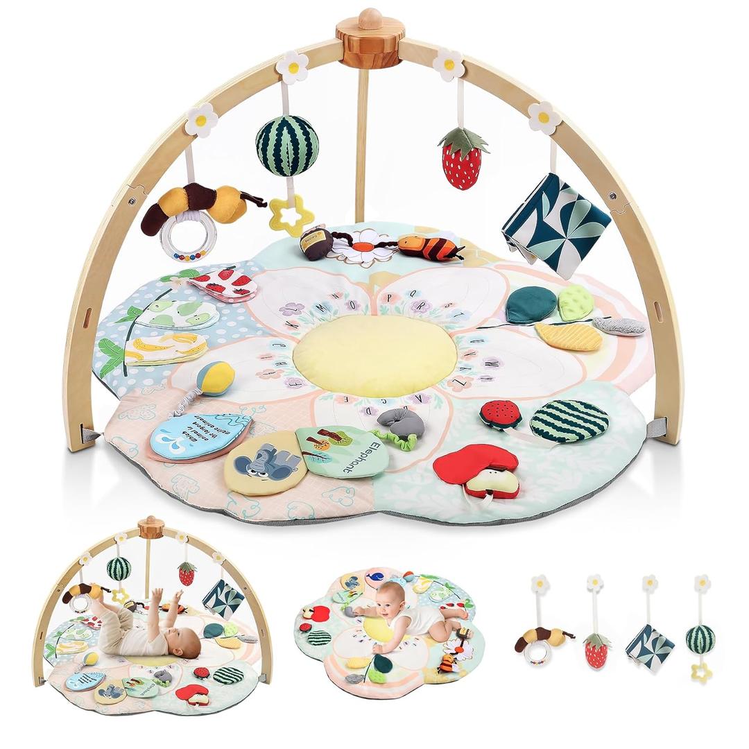 Baby Play Gym & Activity Mat, 5 Developmental Zones Tummy Time Mat with 4 Detachable Sensory Toys, Early Skills & Sensory Development Mat, Newborn Essentials Baby Shower Gift
