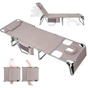 Tanning Chair with Face Hole, Folding Chaise Lounge Chair, Heavy Duty Outside Lay Flat Portable Face Down Tanning Chair with Arm Hole for Reading Beach Poolside Patio Sunbathing Lawn Camping, 300 LBS (Standard_beige_1 Pcs)