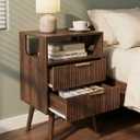 Leomonio Mid Century Modern Nightstand, Modern Night Stand with 2 Storage Drawer and Opening Storage, Fluted Bedside Table with Solid Wood Legs for Bedroom