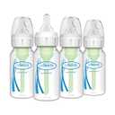 Dr. Brown's Natural Flow Anti-Colic Options+ Narrow Baby Bottle, 4 oz/120 mL, with Level 1 Slow Flow Nipple, 0m+, 4 Bottles (4 Pack, 4oz, Clear)