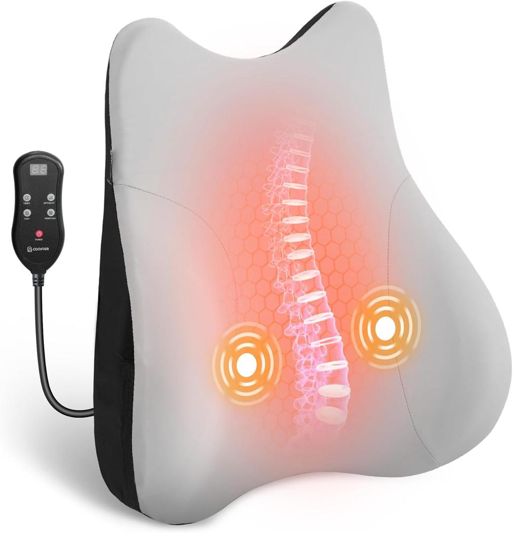 COMFIER Lumbar Support Pillow for Office Chair, Heated Back Support Pillow with 3 Vibration Modes & 3 Intensities, Ergonomic Back Support Cushion for Car, Recliner, Gaming Chair (Classic Gray)