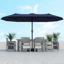 Kingdura 15ft Large Patio Umbrella with Solar Lights, Double-Sided Rectangle Lighted Outdoor Table Umbrella with Base Included, 12 Reinforced Ribs, 48 Led Lights, Crank Lift for Market Pool Deck Backyard, Navy blue