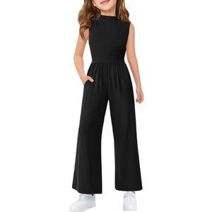 Haloumoning Girls Jumpsuit Kids Fashion Sleeveless CrewNeck Wide Leg Pants Rompers One Piece Summer Outfits with Pockets 150 S