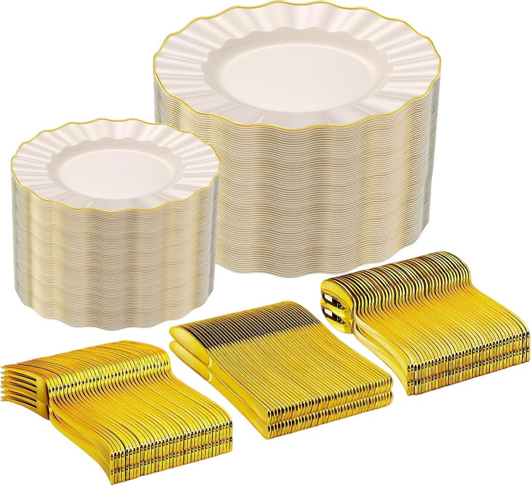 250PCS Ivory and Gold Plastic Dinnerware Set for 50 Guests, Elegant Fancy Disposable Party Plates Include 100 Dinner&Dessert Plates and 150 Silverware for Wedding Party Baby Shower