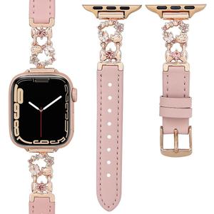 Leather Band Compatible with Apple Watch Bands 38/40/41/42/44/45/46/49mm Women, Slim Dressy Premium Leather Strap with Flower Bows Metal Buckle for iWatch Series 10 9 Ultra SE 8 7 6 5 4 3 2 1