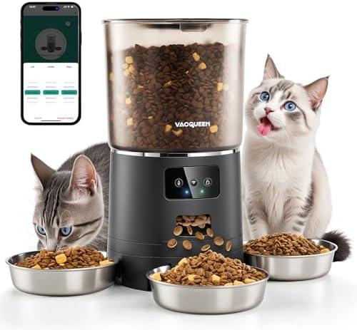 Vacqueen Automatic Cat Feeder for 3 Cats, 6L/25 Cups Smart WiFi Pet Feeder, Strong Anti-Jam System, Dual-Effect Desiccant Cat Food Dispenser, with 10S Voice Recorder for Cats and Small Dog(Black)