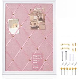 DoubleFill White Bulletin Board 21"27" Linen Fabric Decorative Board Hanging Memo Boards for Women Large Cork Bulletin Boards for Home Office with 20 Pushpins - Pink Linen with White Frame