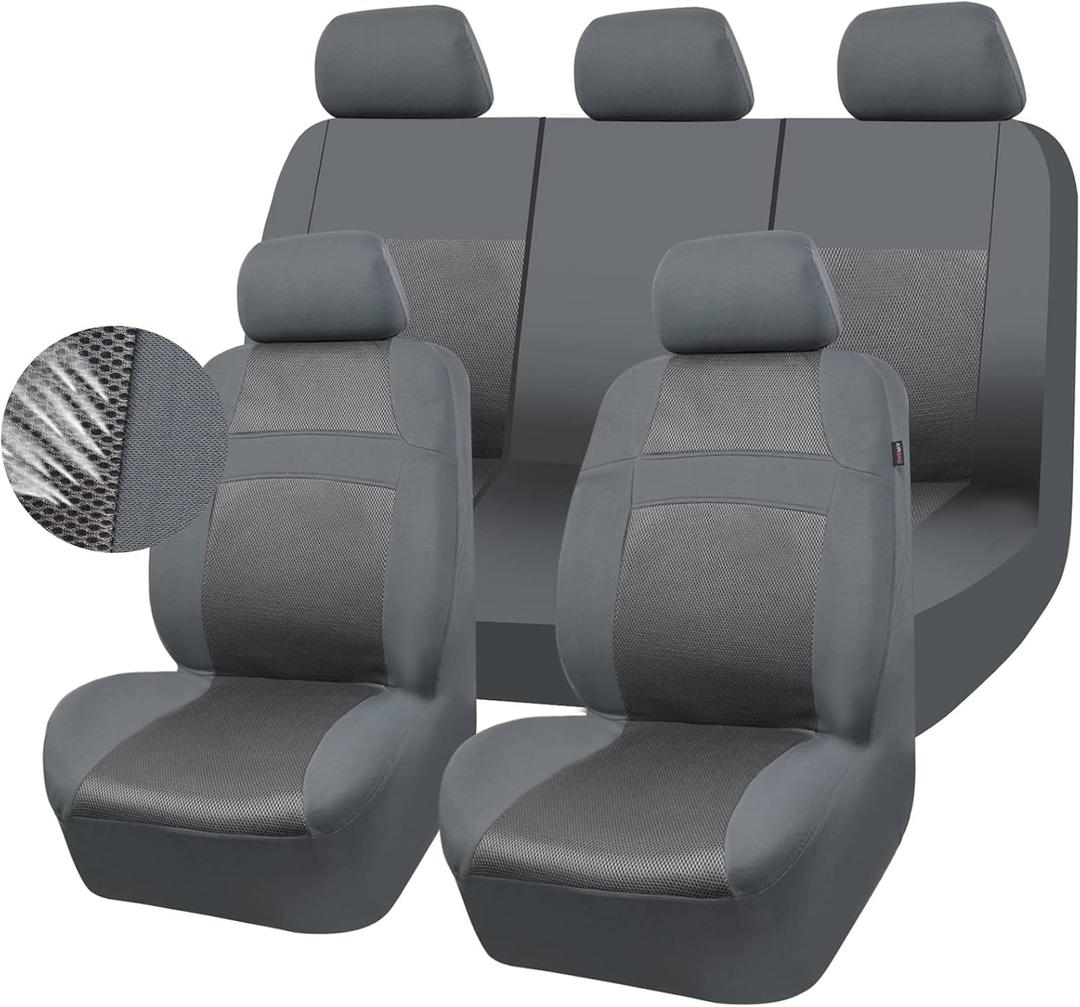 CAR PASS Seat Cover Full Sets, 3D Air Mesh Car Seat Cover with 5mm Composite Sponge Inside,Airbag Compatible Universal Fit for SUV,Vans,sedans, Trucks, Automotive Interior Covers(Pure Gray) (All Gray)
