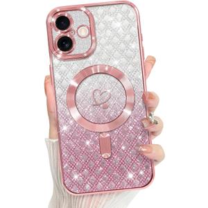 Bonoma Compatible with iPhone 16 Plus Case Support for MagSafe, Plating Heart Glitter Magnetic Checkered Case TPU Camera Protection Back Cover for Girls Women -Pink