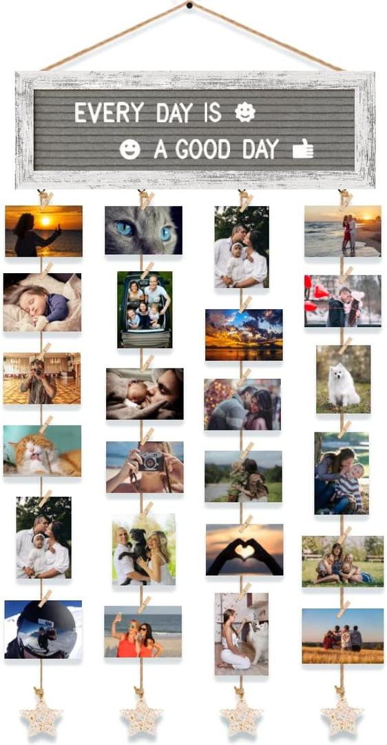 CJIAWYS Picture Frames Collage Wall Decor Collage Picture Frames, Rustic Felt Letter Board with 340 Letters and 30 Clips, Unique DIY Multi Photo Frame for Dorm Room Decor Family Birthday Gifts
