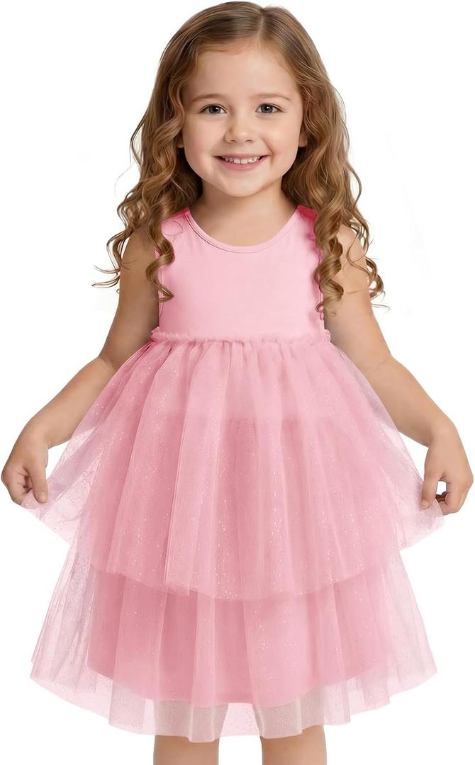 Haloumoning Toddler Baby Girls Tutu Dress Kids Sleeveless Ruffle Tiered Tulle Dresses Summer Sundress 9M-8Y (Pink)