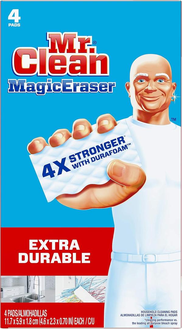 Mr. Clean Magic Eraser Sponge, All Purpose Cleaner, Cleaning Scrubber, Wall Cleaner, Sneaker Cleaner, Kitchen, Bathroom, Shower Cleaning Supplies, Melamine Sponge, Cleaning Pads, Extra Durable, 4ct (4 Count (Pack of 1))