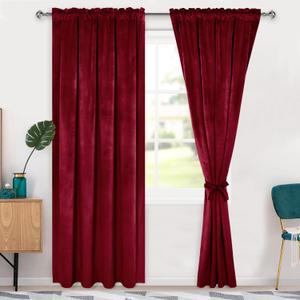 Hiasan Red Velvet Curtains 84 inches-Blackout Thermal Insulated Solid Soft Curtains for Bedroom Living Room Rod Pocket Room Darkening 2 Panels Window Drapes with Tiebacks, 52W x 84L