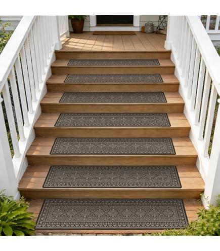 SALLOUS Outdoor Stair Treads 8” x 30”, 8-Pack Non Slip Stair Grip Tape for Wooden & Concrete Steps, Weatherproof High Traction Stair Strips for Stairs, 80-Grit Adhesive Step Treads (Brown)