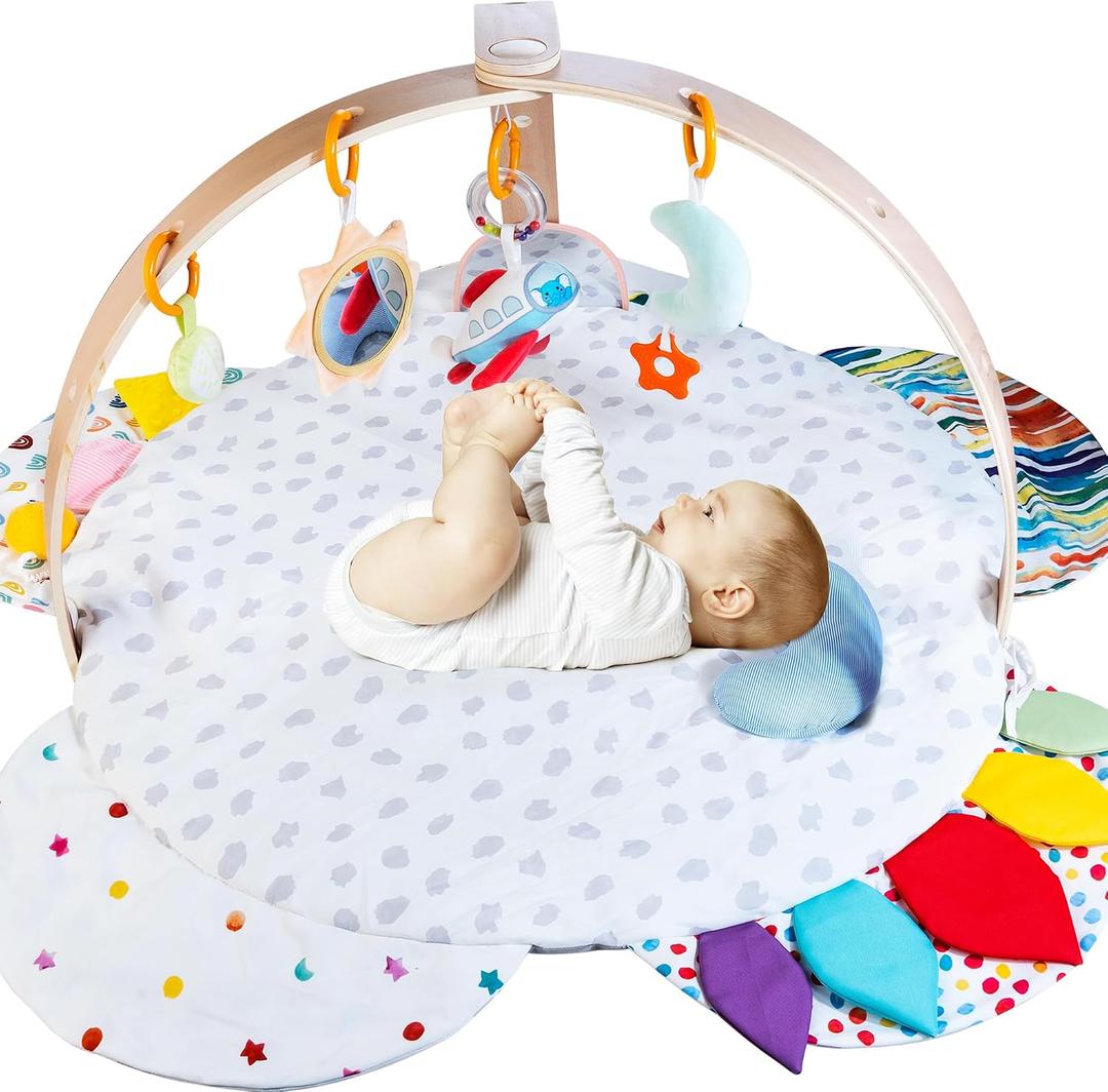 WOODMAM Wooden Baby Activity Gym with Detachable Sensory Toys | Montessori Developmental Play Gym for Infants | FSC-Certified Wooden Frame Baby Toy | Foldable Baby Gym, Baby Shower Gift