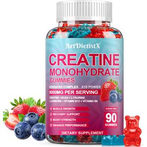Creatine Monohydrate Gummies with BCAA, L-Carnitine, Taurine & Vitamin B12 - Pre Workout Supplement for Muscle Growth, Strength & Energy, Multi-Flavor Chewable Gummies, 90 Count for Men & Women