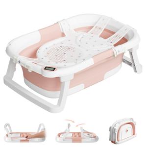 Collapsible Baby Bathtub,Baby Bath Tub with Soft Cushion & Thermometer,Baby Bathtub Newborn to Toddler 0-36 Months,Portable Travel Baby Tub (Pink)