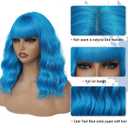 Teal Blue Wig with Bangs for Women 14 Inch Shoulder Length Blue Wigs Short Bob Wavy Curly Wig Heat Resistant Synthetic Colorful Wig