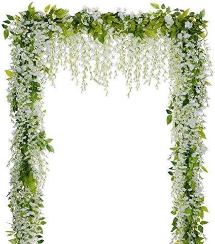 Lvydec Wisteria Artificial Flowers Garland, 4Pcs Total 28.8ft White Artificial Wisteria Vine Silk Hanging Flower for Home Garden Outdoor Ceremony Wedding Arch Floral Decor