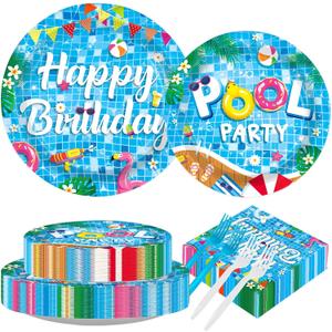 200Pcs Pool Party Supplies Happy Birthday Plates and Napkins Swimming Pool Themed Tableware Set for Summer Beach Themed Hawaii Birthday Baby Shower Party Supplies, Serves 50 "