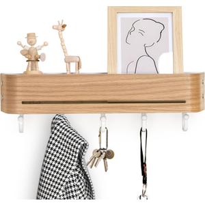 Coat Rack Wall Mount-16.9" Wall-Mounted Organizer with Shelf & Key Holder & Pet Leash Storage | Family-Safe Design for Entryway/Hallway/Mudroom/Farmhouse | Oak,White/5 Hooks