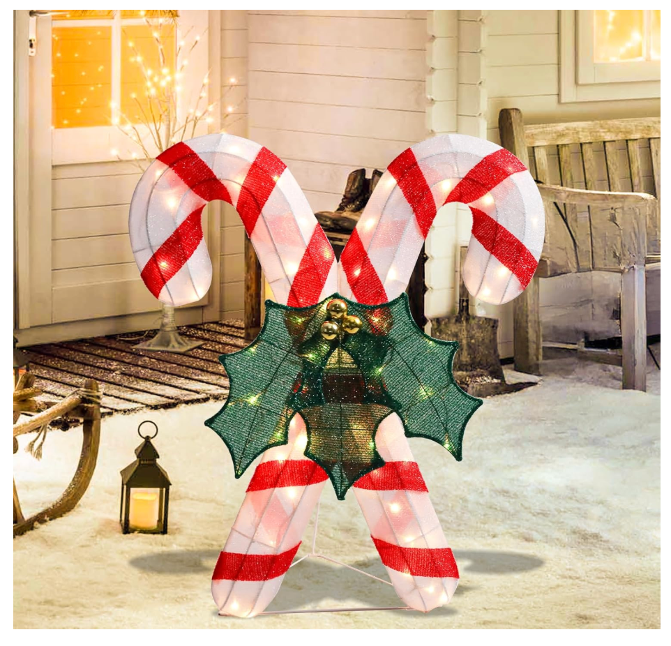 Bshine Lighted Christmas Outdoor Decoration, 19.6 Inch White Dog Wearing Christmas Hat and Cane, Furry Glowing Holiday Display Cute Puppy, Light Up Christmas Decor for Indoor Outdoor Yard Lawn Garden