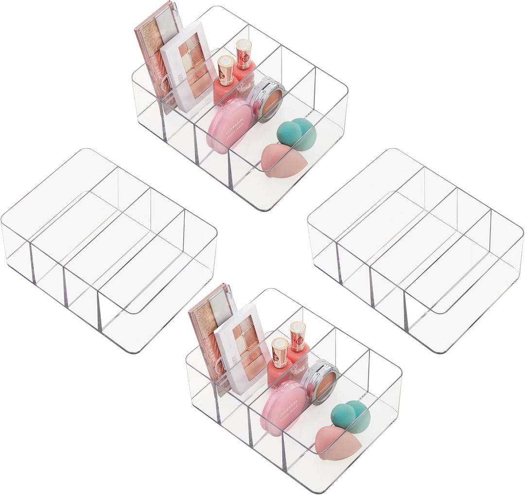 STORi 4-Compartment Clear Plastic Organizers (Set of 4) Rectangular Divided Makeup and Vanity Storage Bin, Use Upright for Eyeshadow Palettes, Made in USA