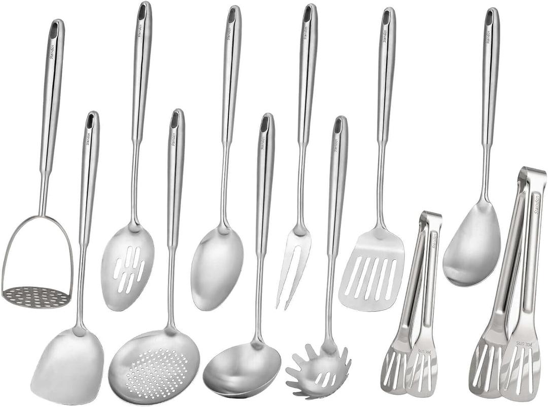18/10 Stainless Steel Kitchen Utensils Set - 12 PCS All Metal Cooking Tools & 15 Serving Utensils - Potato Masher, Meat Fork, Tongs, Turner, Pasta, Serving Spoon, Skimmer, Ladle, Spatula Spoon Set (Silver)