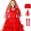 Halloween Gothic Women Red Wedding Dress Costume Tulle Skirt Vintage Goth Cosplay Party Outfits with Veil Gloves 
Size: Adult L