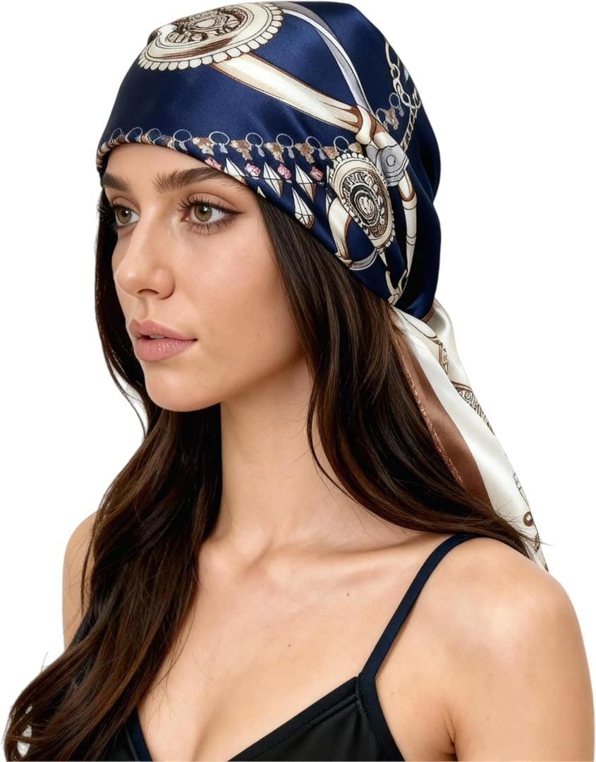 Head Scarf For Women Silk Like Hair Scarf Satin Printed Square Scarf Bandanas for Women 35 Inches (Beige/Black)
