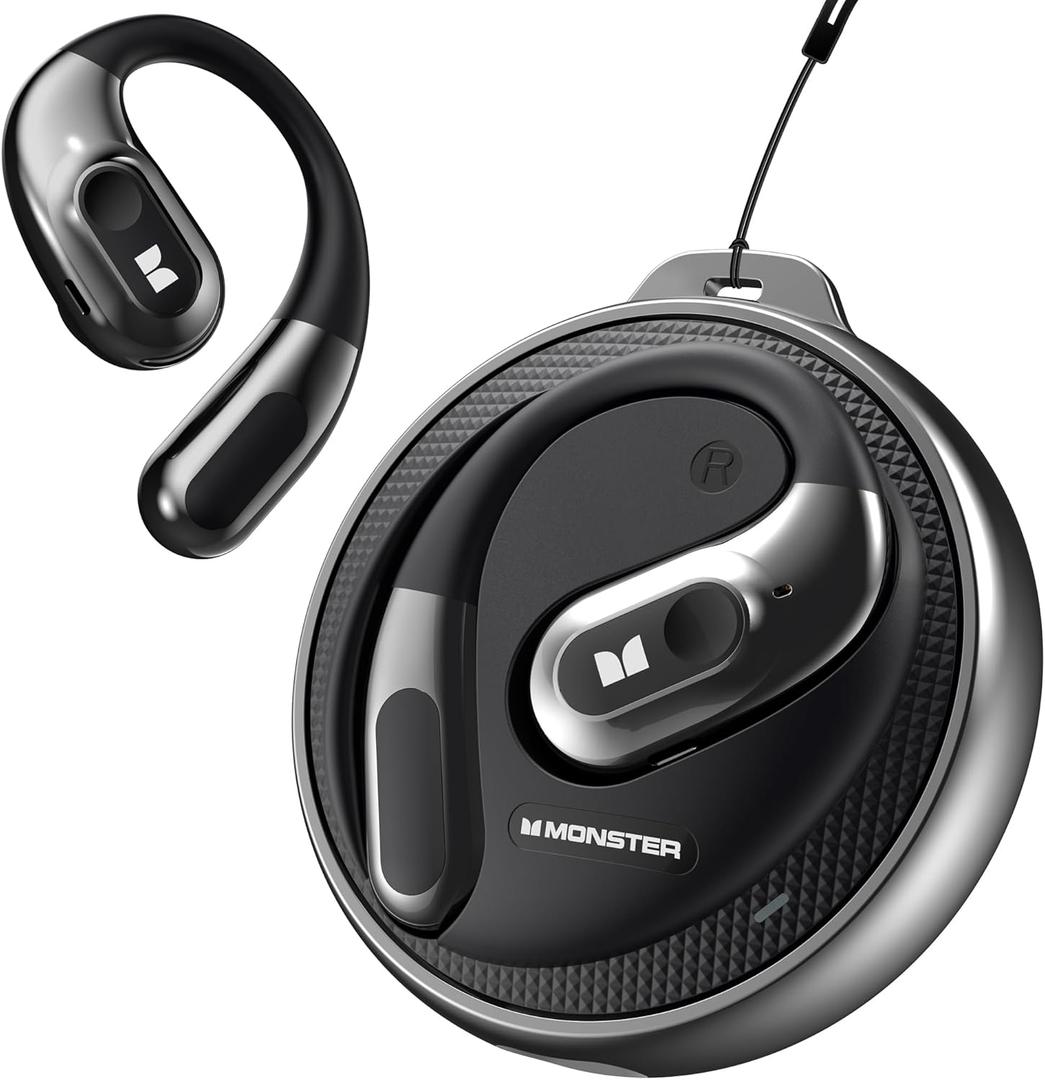 Monster Open Ear Headphones AC330, Wireless Earbuds Bluetooth 5.4 with Clear Talk, Stylish Rotating Case with Lanyard, Type-C Charging, Comfort Fit, 24H Playback, IPX5 Water Resistant, Black