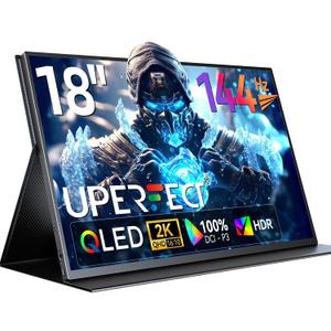 UPERFECT 18" QLED Portable Monitor, 2K 25601600, 144Hz Gaming Display, 500 Nits Brightness, FreeSync HDR, 100% DCI-P3, Ultra-Slim USB-C/HDMI Monitor for Laptop MacBook Phone Game Console, VESA Mount