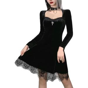 TSMNZMU Gothic Lolita Dress Velvet Long Sleeve Vintage Vampire Dresses Punk Grunge Witchy Dress Emo Alt Fairy Dress (Black, XXL)