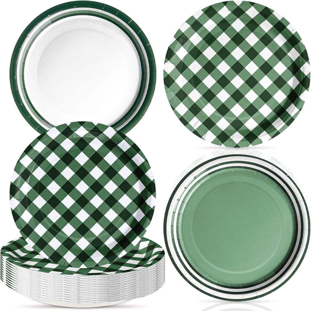 60 Pcs Green Gingham Plates 9 Inch Disposable Checkered Plaid Dinner Paper Dessert Plates for Birthday Baby Shower Wedding Camping Themed Party Supplies, 4 Styles