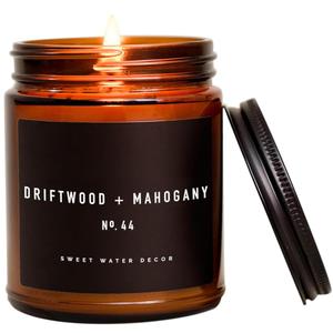 Sweet Water Decor Driftwood and Mahogany Candle - Mahogany, Lavender, Wood, and Geramium Scented Candle for Home - 9oz Amber Jar, 40 Hour Burn Time, Made in The USA (Black Label)